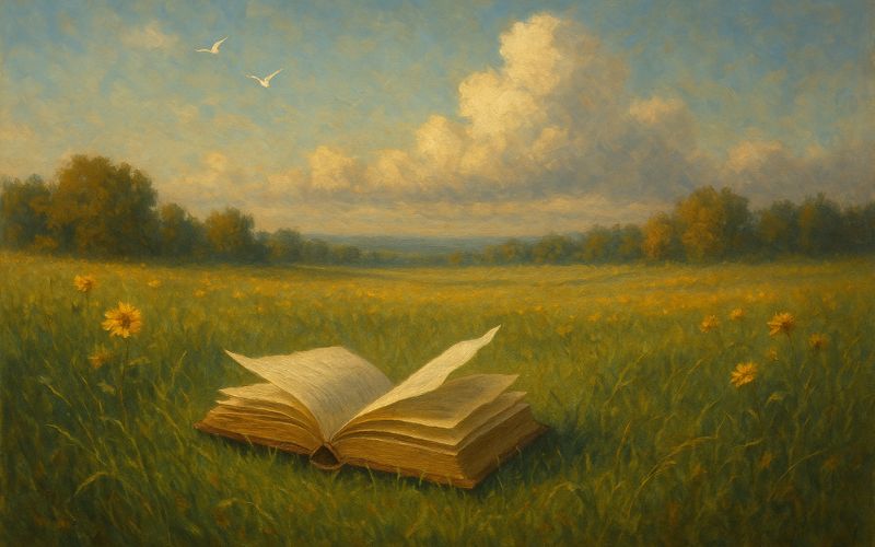 Where the poem begins, showing a book in a meadow